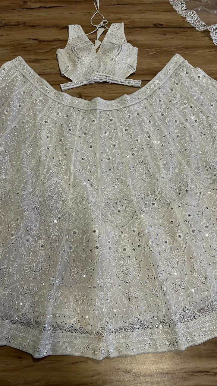 Jyoti Fashion Women's Off White Georgette Codding Thread with Sequins Embroidered Designer Lehenga Choli Set | Grocsy