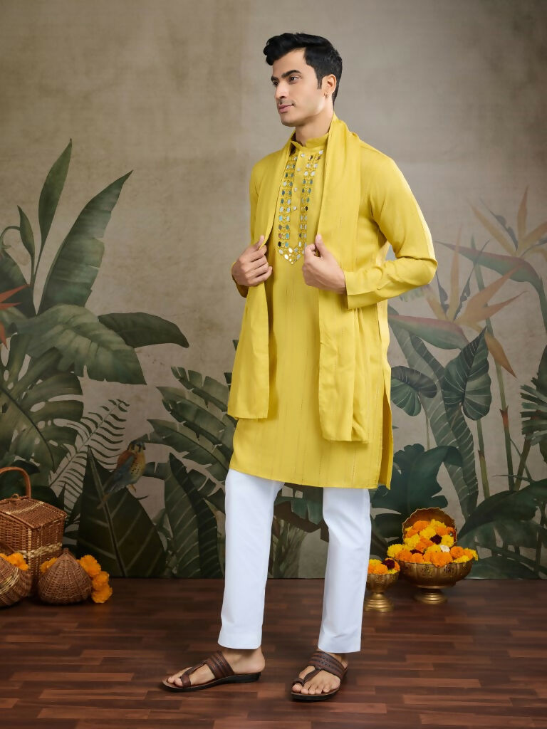 Vastranavya Yellow Exclusive Viscose Silk Festival Wear Real Mirror Work Kurta with Dupatta | Grocsy