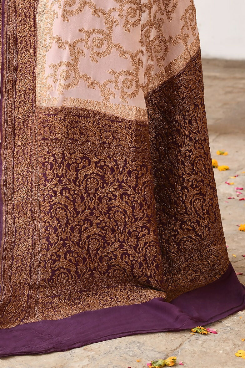 Joban Fashion Ivory Crepe Chiffon Pure Handloom Banarasi Silk Saree | Grocsy