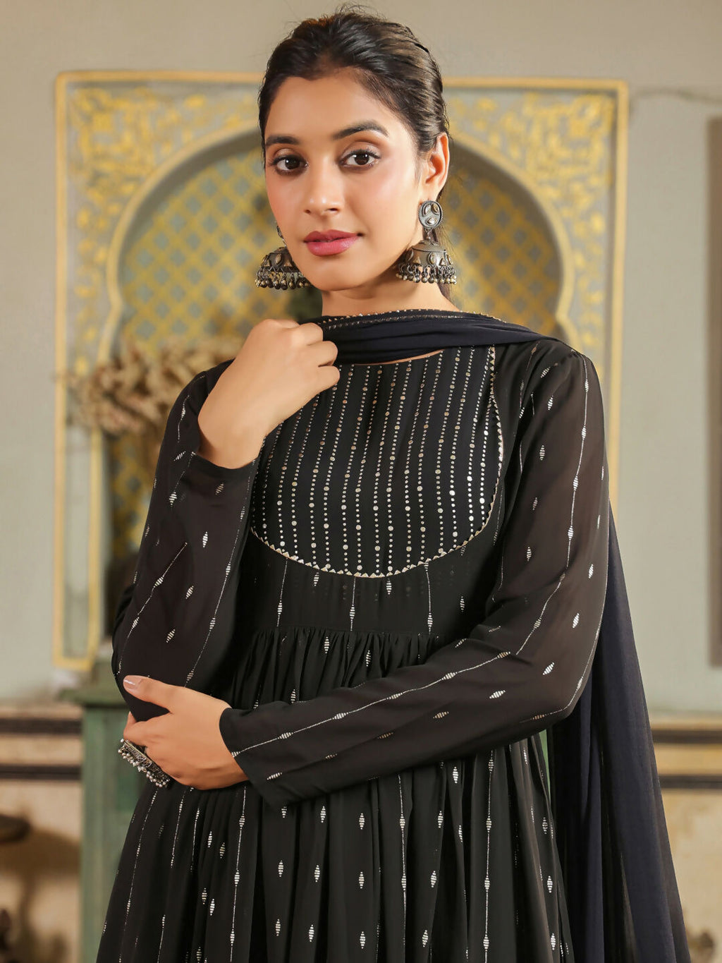 Janasya Black Georgette Foil Print Kurta,Bottom & Dupatta | Grocsy
