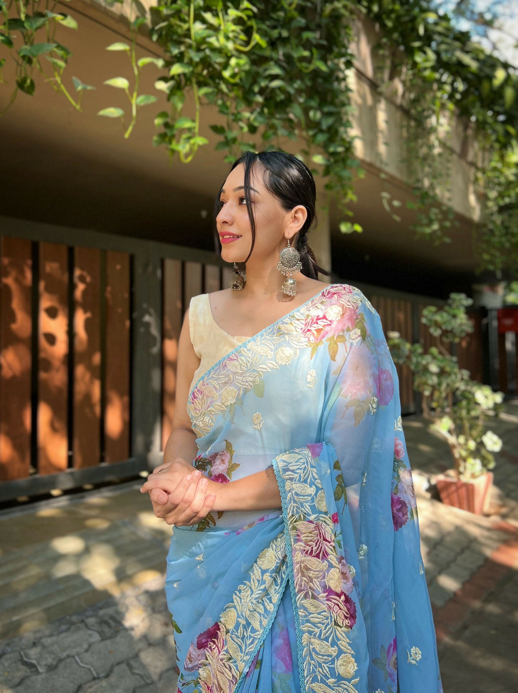 Vamsee Subh Laxmi Sky Georgette Saree | Grocsy