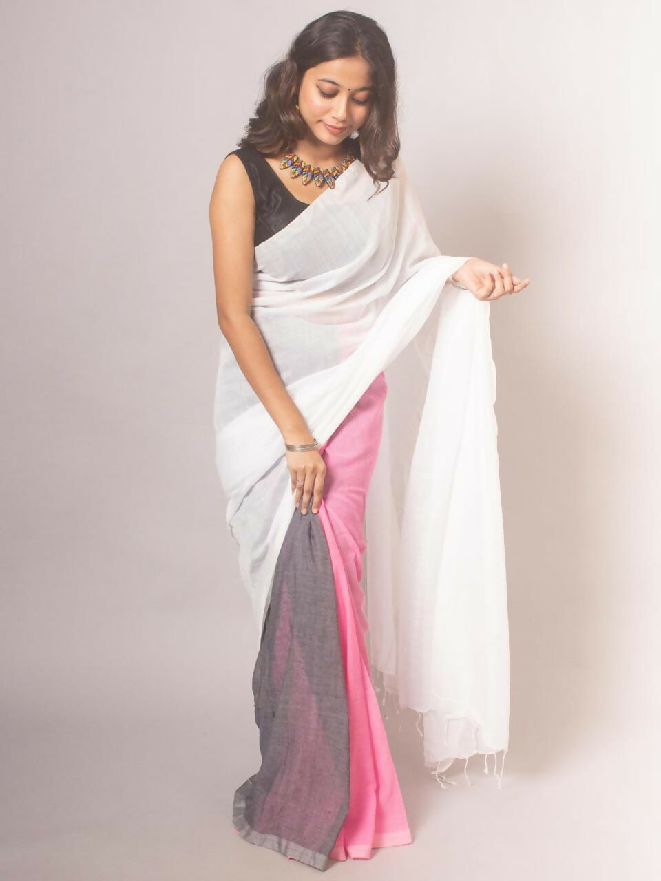 Exclusive Collection Beautiful Khadi Cotton White Grey Pink Handloom Saree | Grocsy