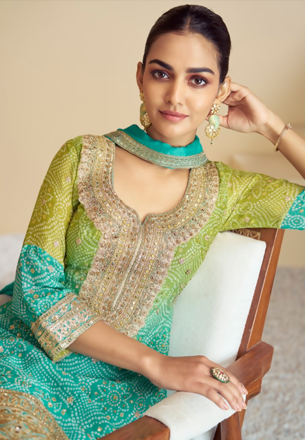 Vastranavya Turquoise Chinon Bandhini Print with Embroidery & Mirror or Jharkhan work Sharara Suit | Grocsy