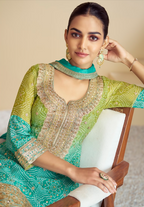 Vastranavya Turquoise Chinon Bandhini Print with Embroidery & Mirror or Jharkhan work Sharara Suit | Grocsy