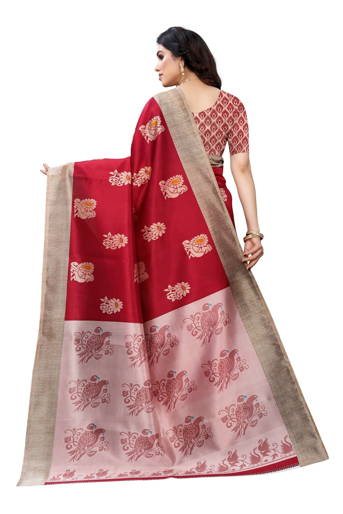 Vamika Red Printed Art Silk Saree | Grocsy