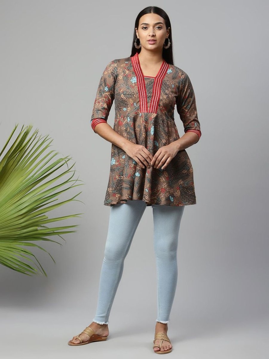 Ahalyaa Women Brown Cotton Digital Printed Tunic | Grocsy