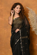 Very Much Indian Handloom Pure Cotton Silk Saree With Sleek Golden Border - Black | Grocsy