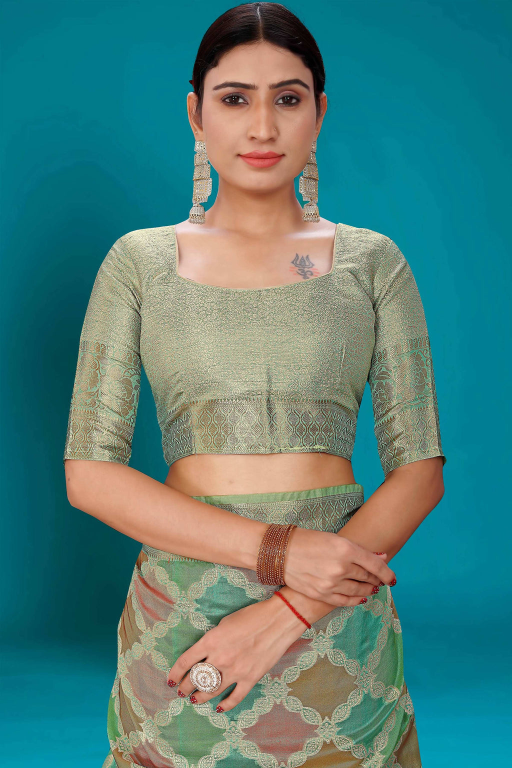 Sea Green Soft Organza Woven Design Saree with Unstitched Blouse Piece - Zaara | Grocsy