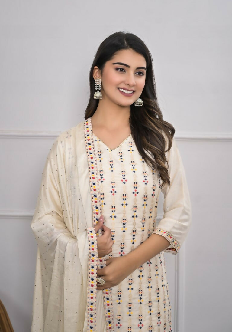 Cream Jequard Silk Embroidery with Thread and sequence Stitched Suit With Dupatta - Tanisha | Grocsy