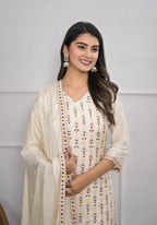 Cream Jequard Silk Embroidery with Thread and sequence Stitched Suit With Dupatta - Tanisha | Grocsy
