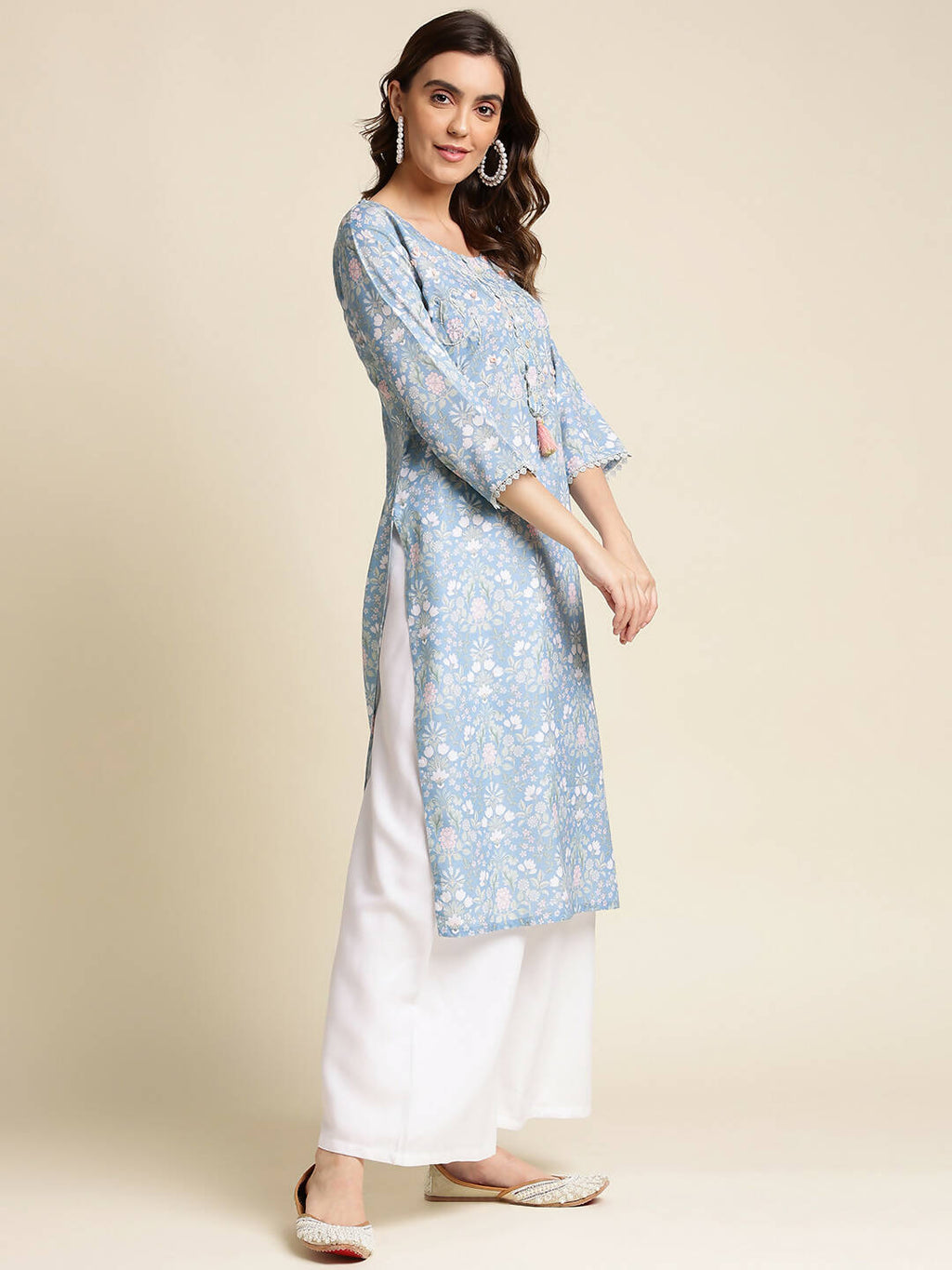 Blue Linen Floral Printed Straight Fit Kurta - Prasuti | Grocsy