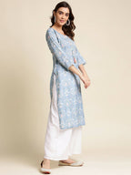 Blue Linen Floral Printed Straight Fit Kurta - Prasuti | Grocsy