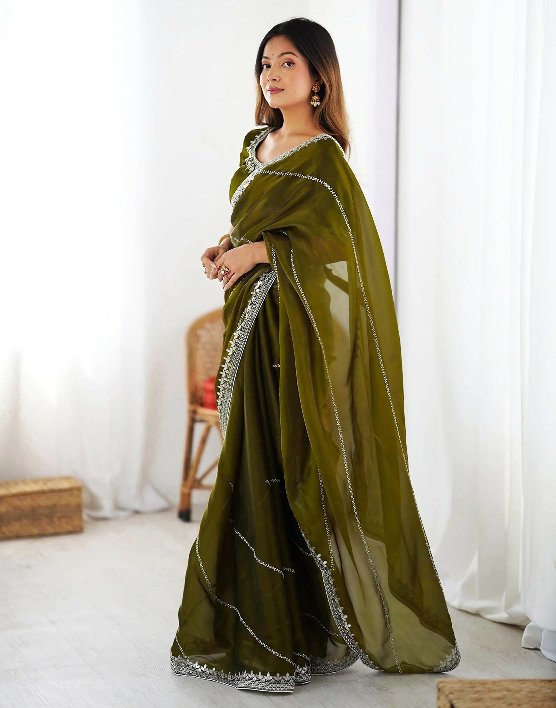 Joban Fashion Tissue Silk Olive Green Color Embroidery Saree | Grocsy