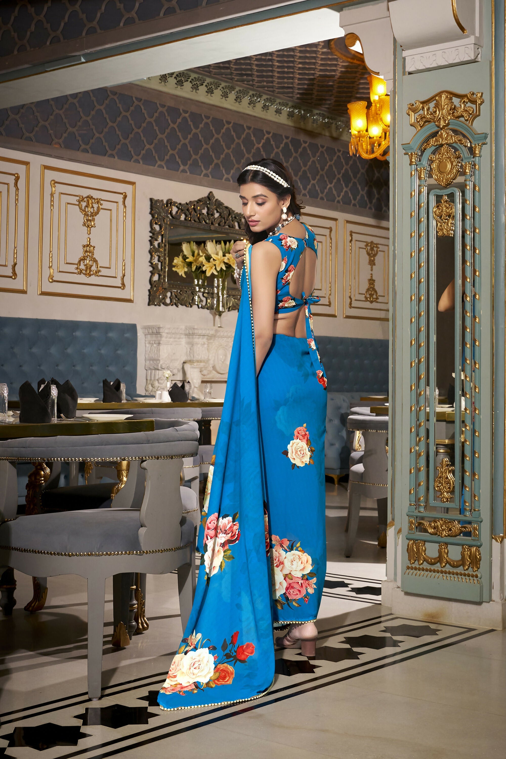 Vastranavya Firozi Spectacular Georgette Printed with Pearl Lace Saree with Unstitched Blouse | Grocsy