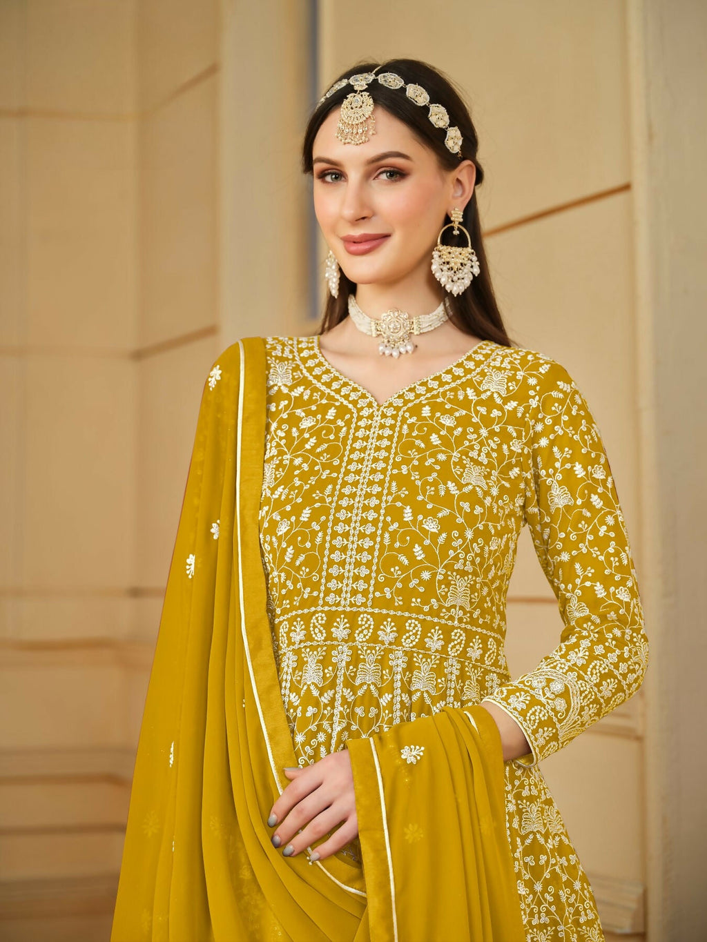 Anaita Yellow Embroidered Faux Georgette Anarkali Suit | Grocsy