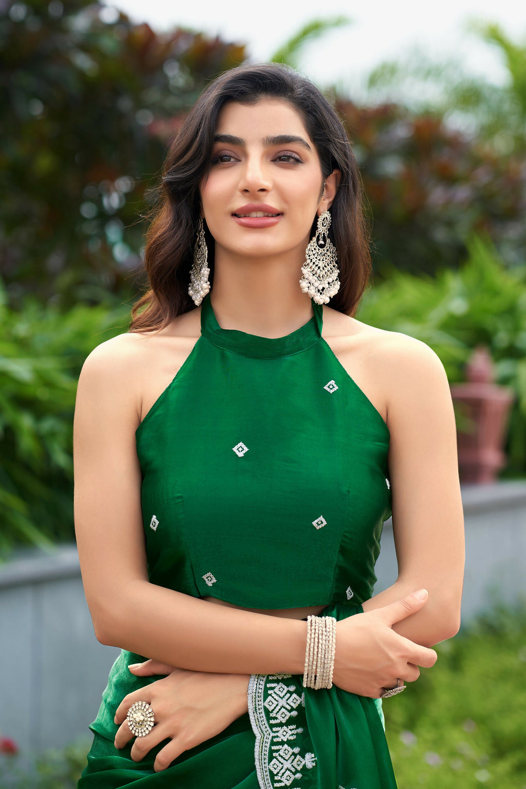 Vastranavya Green Embroidery Work Shimmer Chiffon Saree with Unstitched Blouse | Grocsy