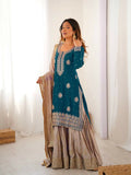 Lehenga Mart Designer Sharara Suit With Kurta, Sharara, Dupatta For Women-Teal Blue | Grocsy
