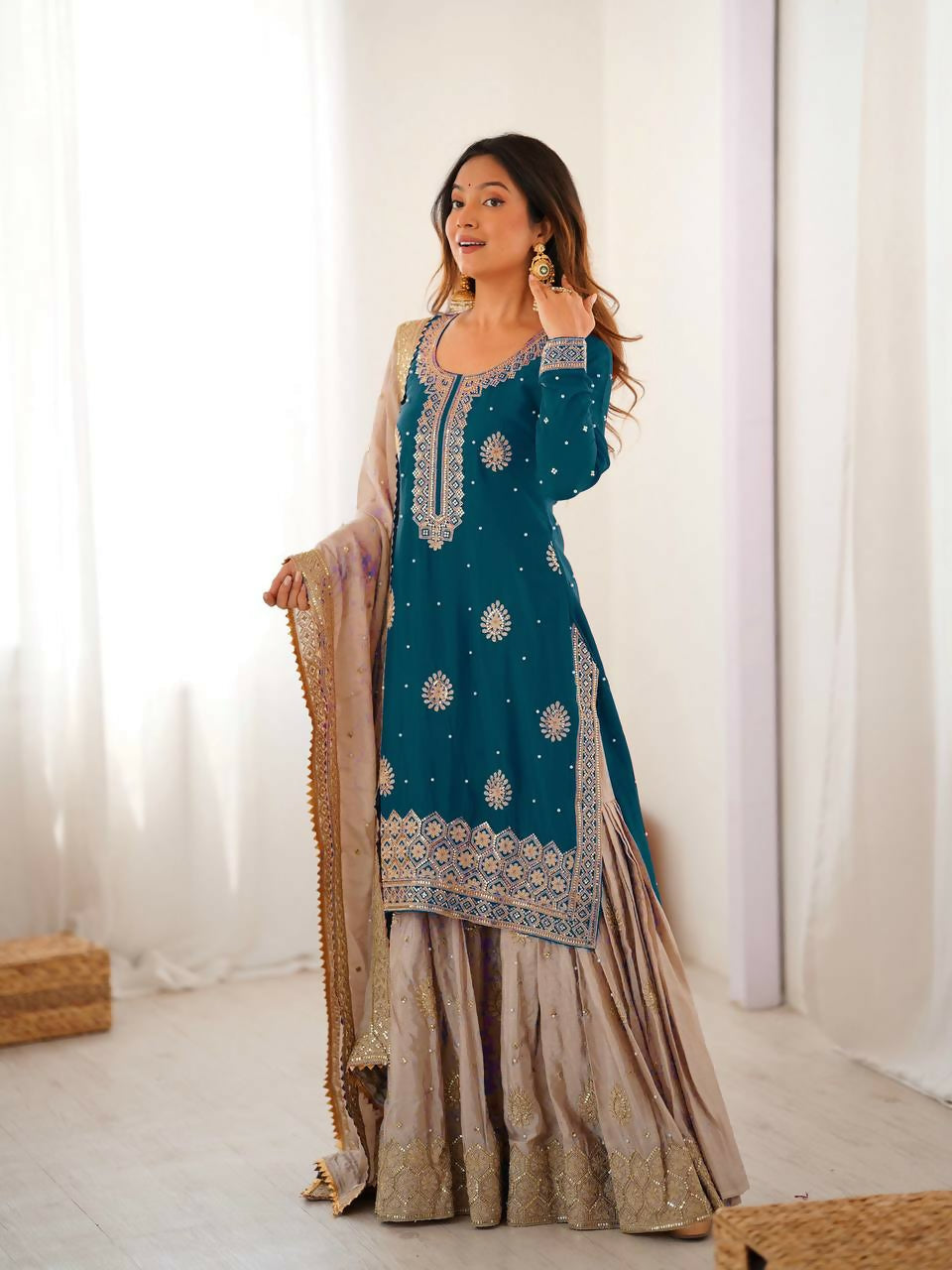 Lehenga Mart Designer Sharara Suit With Kurta, Sharara, Dupatta For Women-Teal Blue | Grocsy