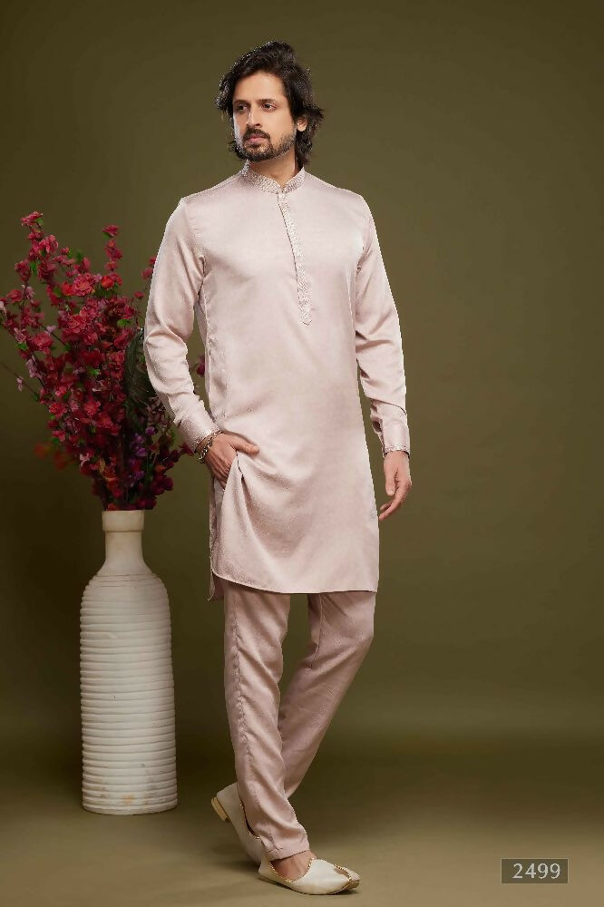 Raivat Ethnic Art Banarasi Silk Thread Work Kurta Pajama In Peach Colour | Grocsy