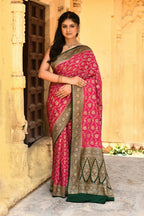 Joban Fashion Pink Crepe Chiffon Pure Handloom Banarasi Silk Saree | Grocsy