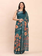 Shree Shyam Fashion Linen Cotton Teal Blue Saree | Grocsy
