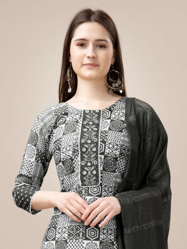 Jyoti Fashion Women's Black Rayon Print with Embroidery & Fancy Lace Work Kurta with Trouser & Dupatta | Grocsy