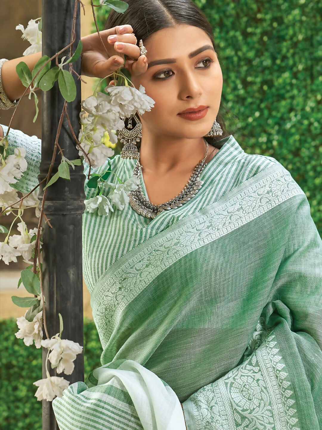 Shree Shyam Fashion Rama Green Linen Saree | Grocsy