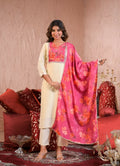 Ethnic Festive Wear Chanderi With Lining White & Pink Stitched Suit With Dupatta - Tanisha | Grocsy