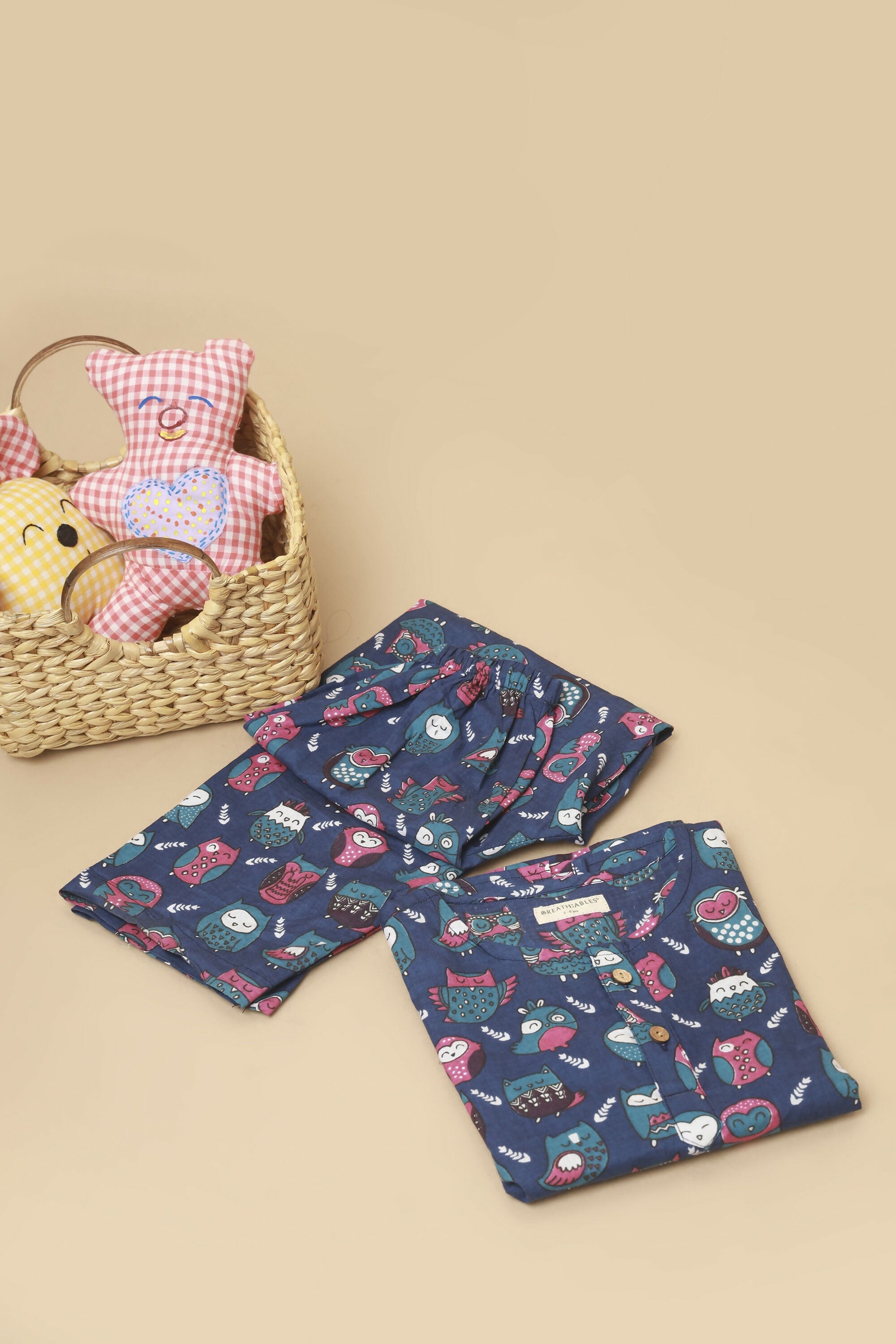 Breathables Kids Cotton Owl Print Co-Ord Night Suit – Navy Blue | Grocsy