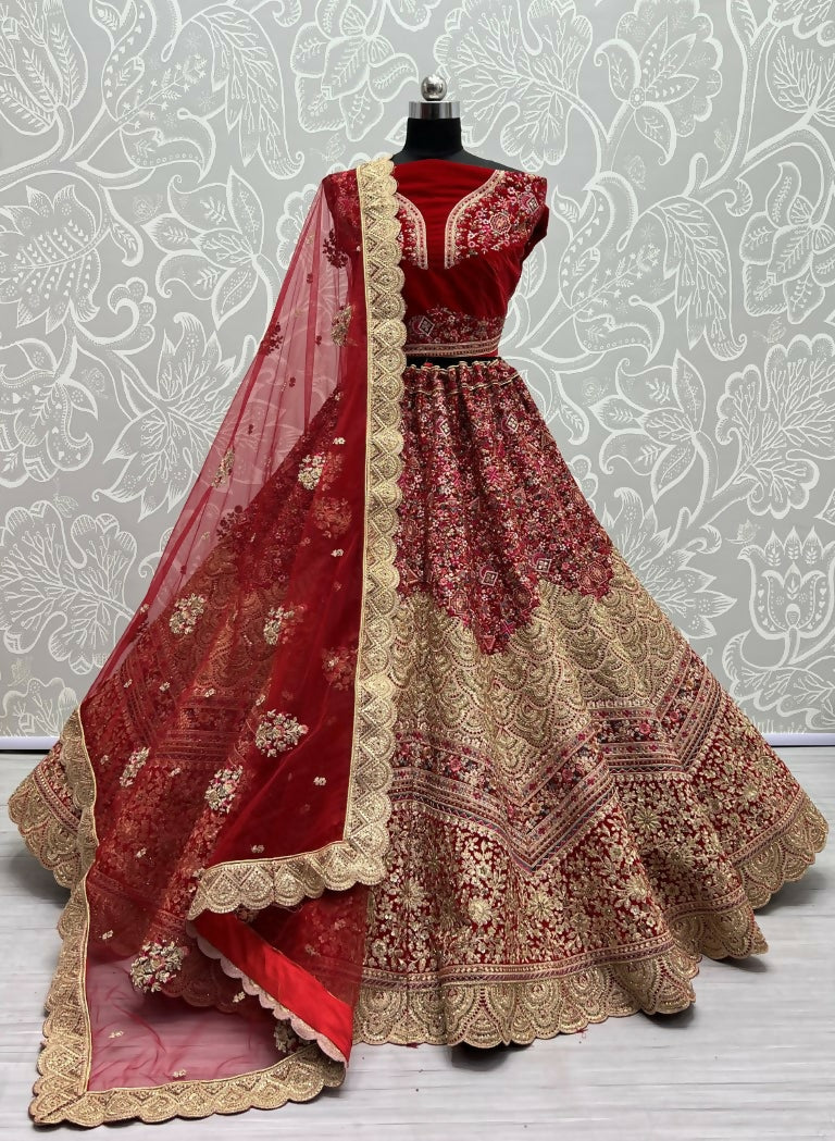 Jyoti Fashion Women's Red Velvet Fancy Dori & Sequins Multi Thread Embroidered with Diamond Work Wedding Lehenga Choli | Grocsy