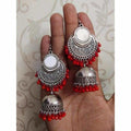MS Fashion India Designer Red Color Pearls Mirror Tassel Silver Jhumka Earrings | Grocsy