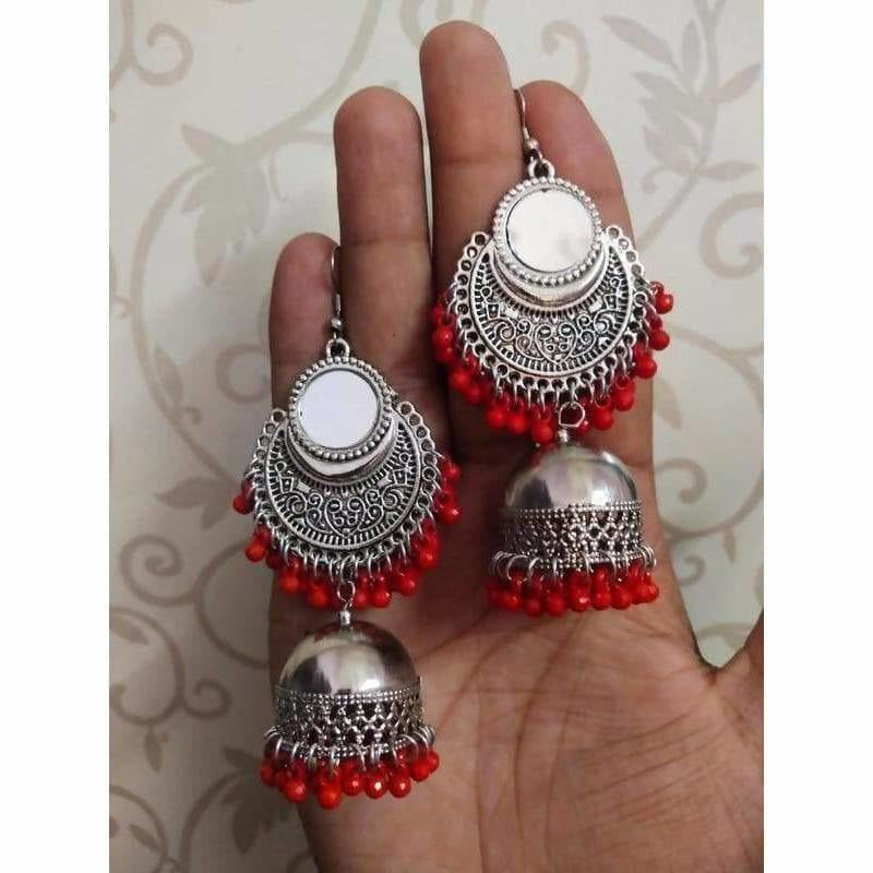 MS Fashion India Designer Red Color Pearls Mirror Tassel Silver Jhumka Earrings | Grocsy