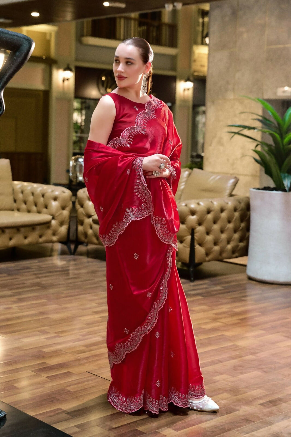 Vastranavya Red Embroidery Work Shimmer Chiffon Saree with Unstitched Blouse | Grocsy