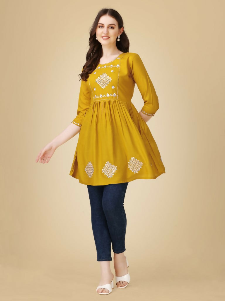 Jyoti Fashion Women's Mustard Viscose Rayon Embroidered Casual Top | Grocsy