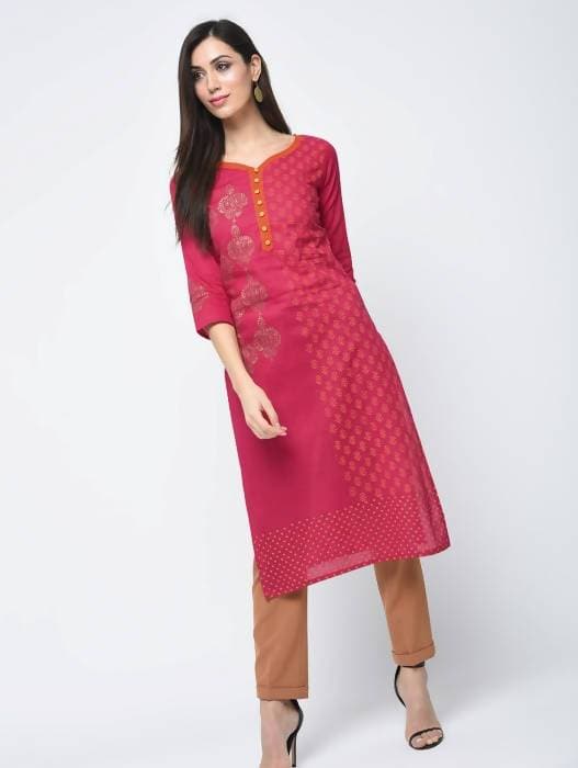 Aniyah Cotton Block Printed Traditional Straight Kurta In Magenta Color (AN-125K) | Grocsy