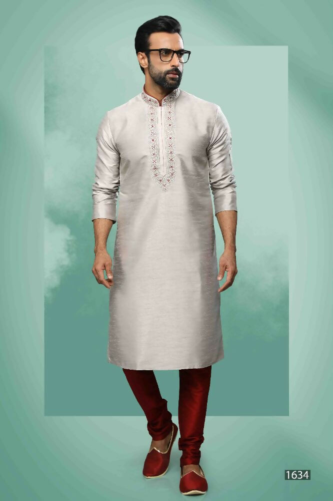 Raivat Ethnic Art Silk Mirror Embroidery Work Kurta Pajama In Grey Colour | Grocsy