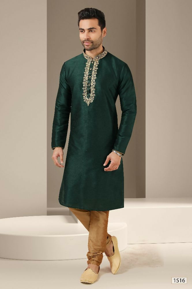 Raivat Ethnic Banarasi Art Silk Mirror Work Kurta Pajama In Dark Green Colour | Grocsy