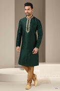 Raivat Ethnic Banarasi Art Silk Mirror Work Kurta Pajama In Dark Green Colour | Grocsy
