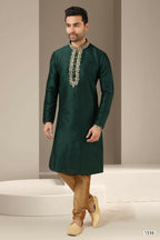 Raivat Ethnic Banarasi Art Silk Mirror Work Kurta Pajama In Dark Green Colour | Grocsy