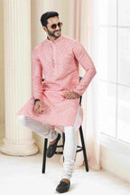 Raivat Ethnic Cotton Thread Work Kurta Pajama In Orange Colour | Grocsy