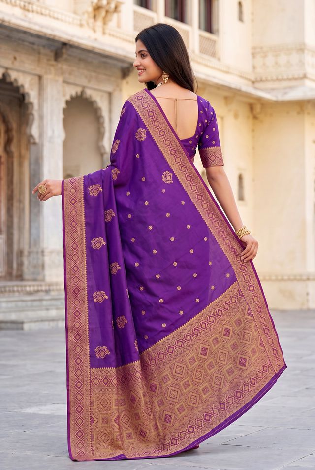 Elora Purple Soft Banarasi Silk Woven Designer Saree | Grocsy