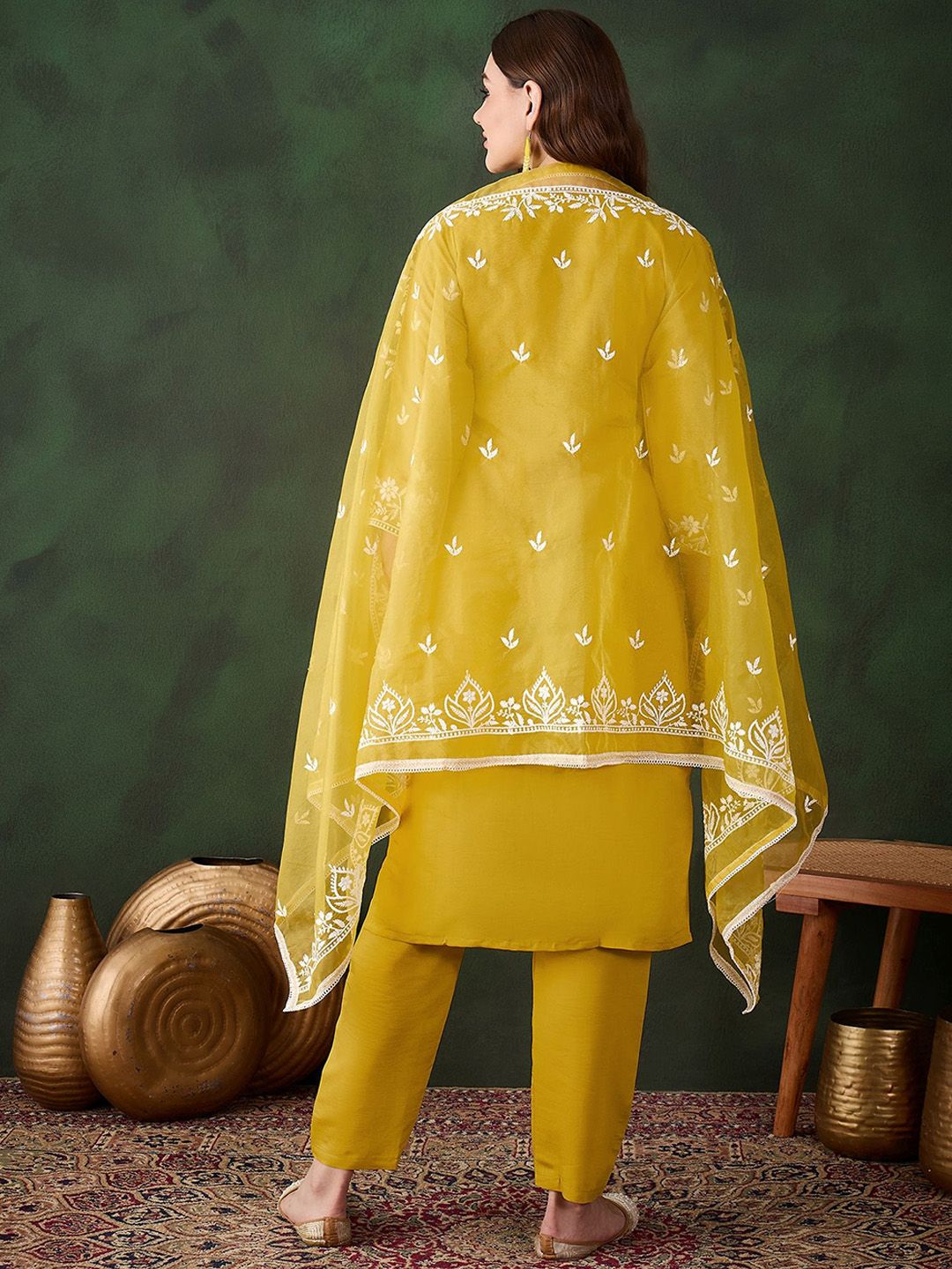 Sangria Mustard Yellow Floral Embroidered Thread Work Kurta & Trouser With Dupatta | Grocsy