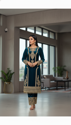Joban Fashion Teal Kurta Set Velvet Embroidery Sequence Work | Grocsy