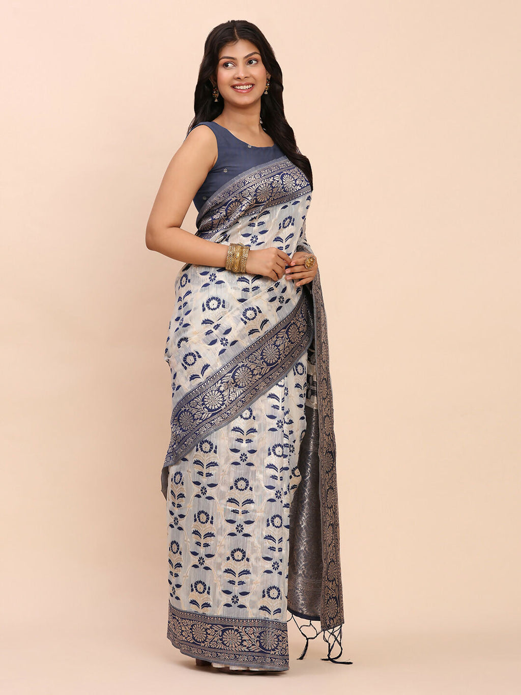 Shree Shyam Fashion Linen Cotton Navy Blue Saree | Grocsy