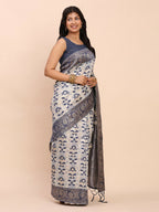 Shree Shyam Fashion Linen Cotton Navy Blue Saree | Grocsy