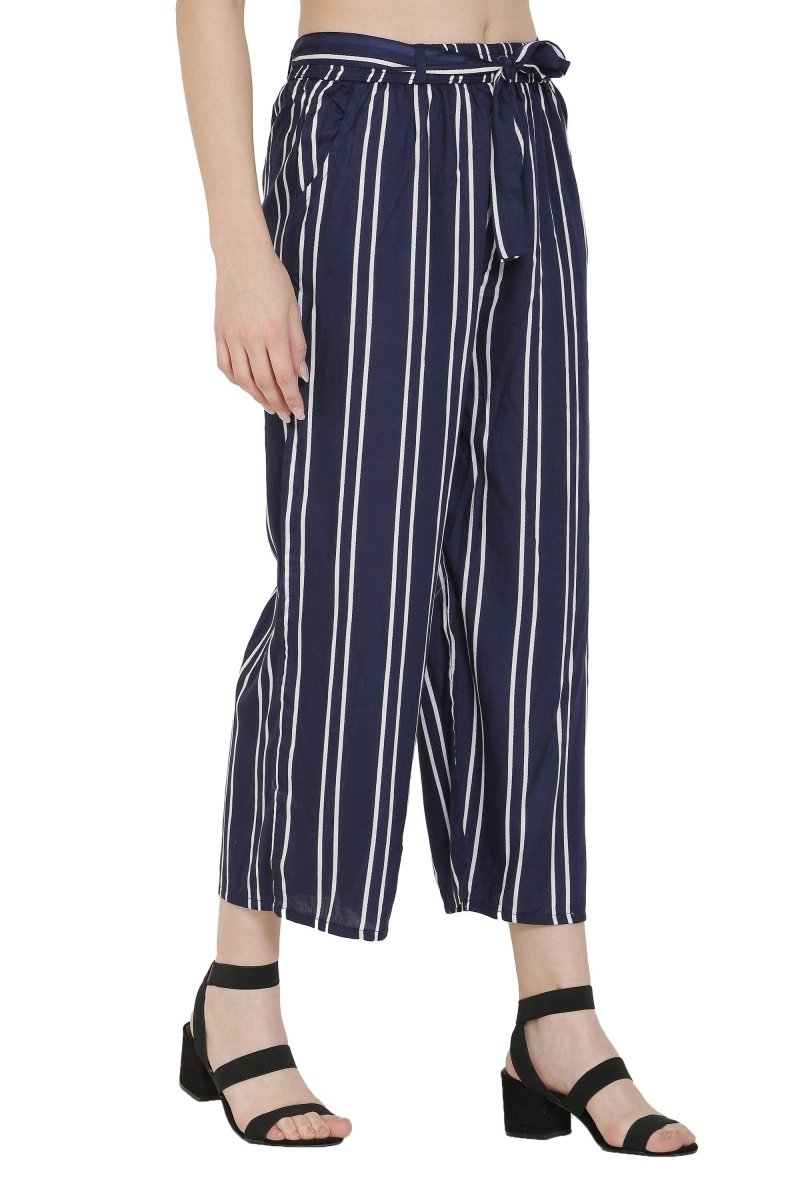 Asmaani Navy Blue Color Rayon Fabric Stripped Palazzo | Grocsy