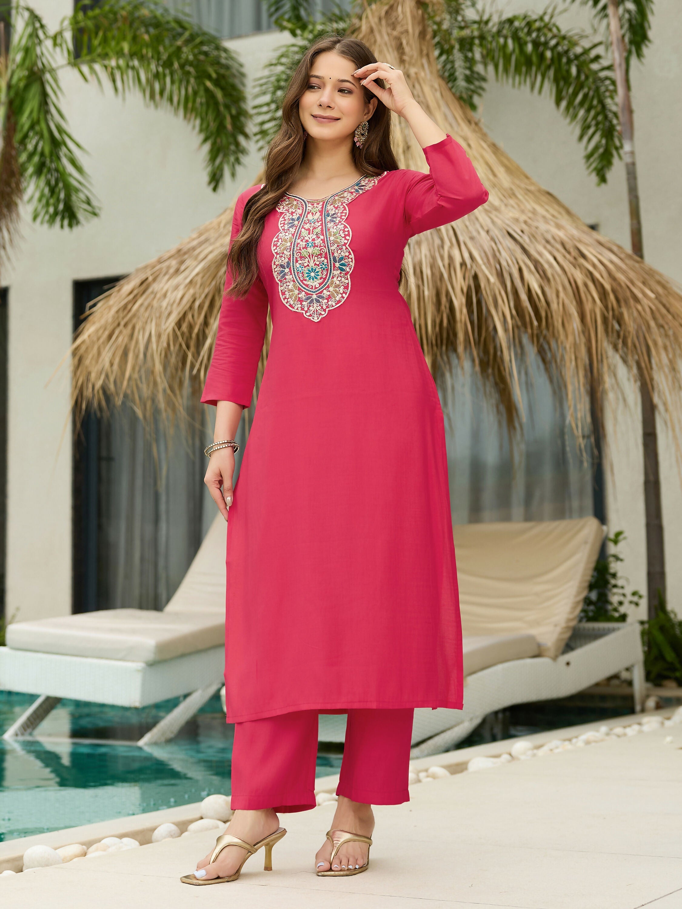 The52 Women's Beautiful Rayon Fabric Embroidery Work Straight Kurta Pant and Dupatta Set | Grocsy