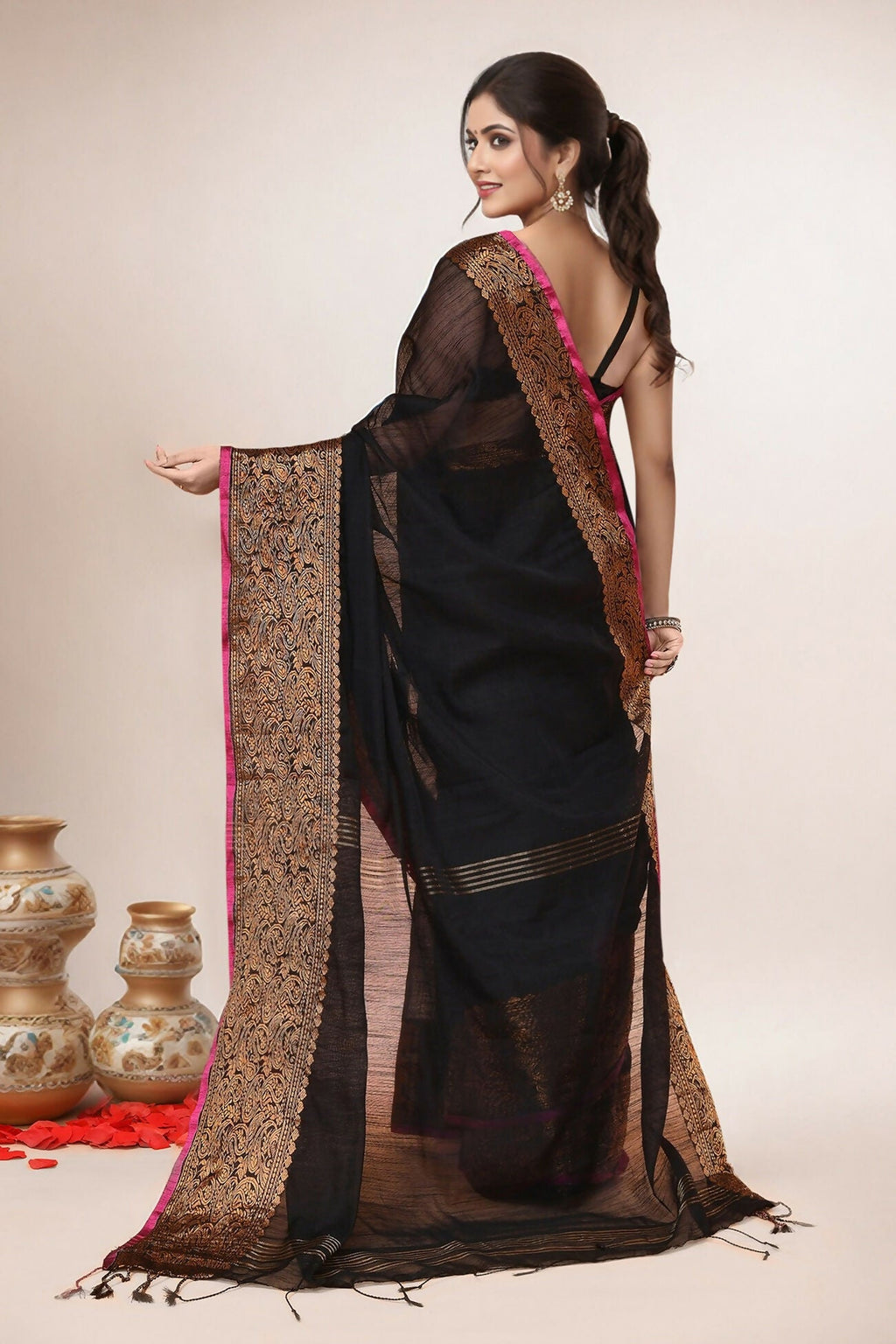 Joban Fashion Black Cotton Blend Handloom Saree | Grocsy