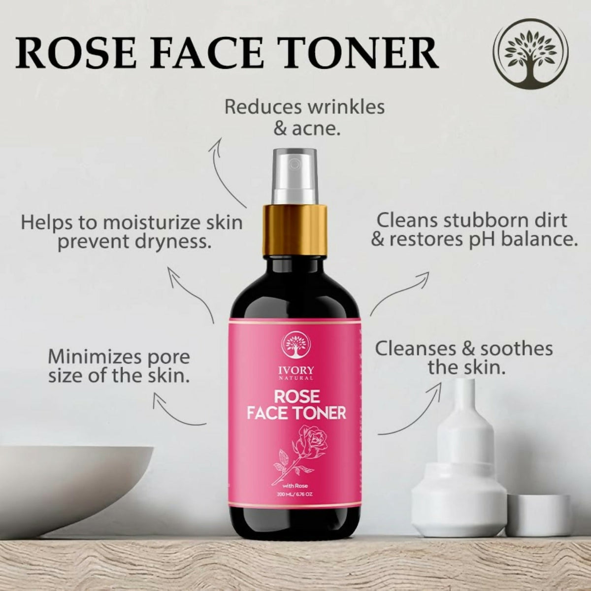 Ivory Natural Rose Facial Toner For Impurities, Soothing Hydration, Balancing Ph & Enhancing Skin Elasticity | Grocsy