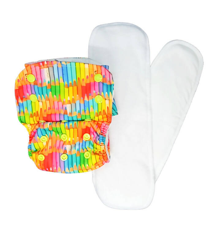 Kindermum Nano Aio Cloth Diaper With 2 Organic Cotton Inserts- Colourful Art For Kids | Grocsy